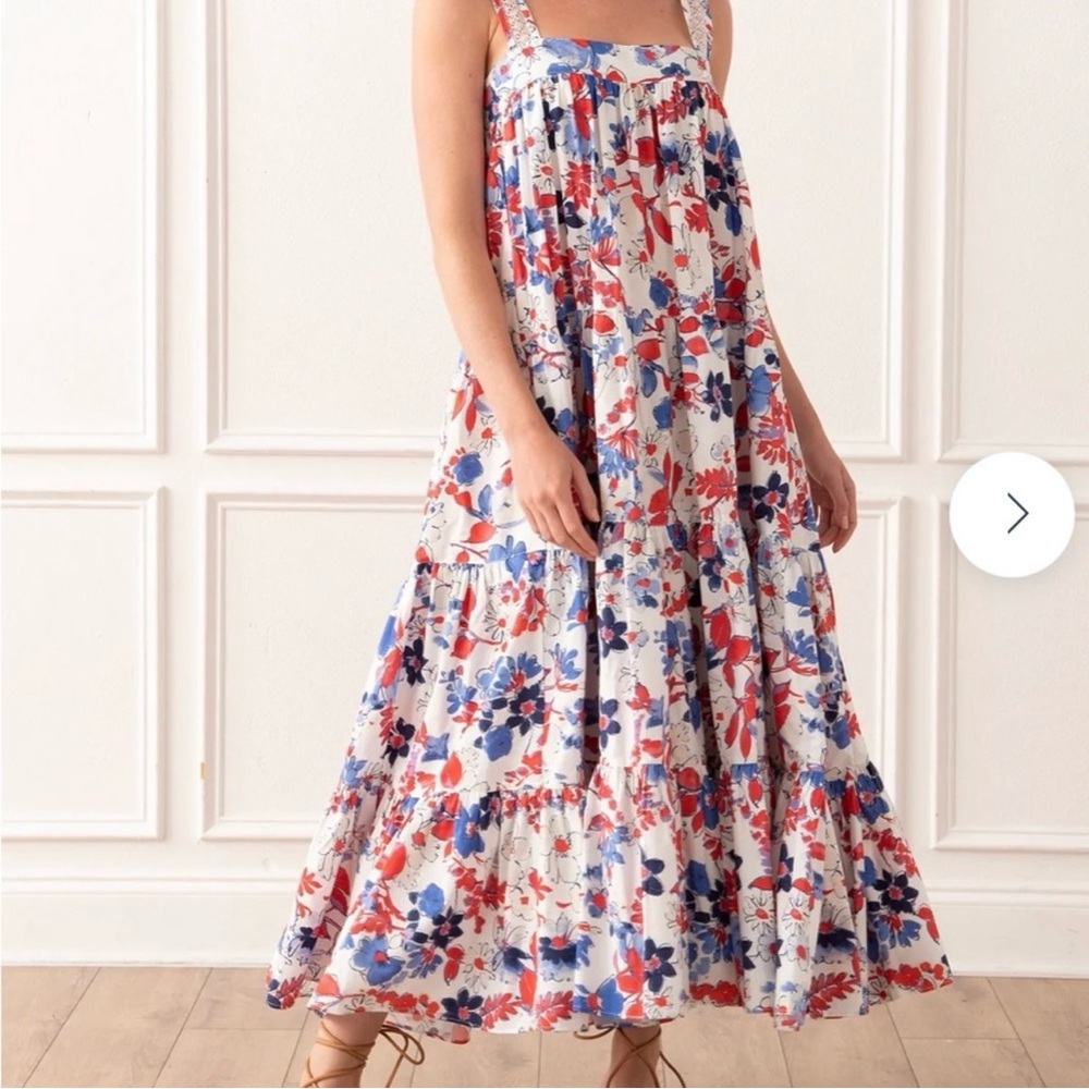 Mi Golondrina Mexico White Floral Blue & Pink Maxi Dress w/ Pockets Large